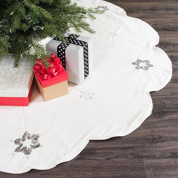 60" White Cotton Velvet Silver Sequin/Embroidered Tree Skirt 5