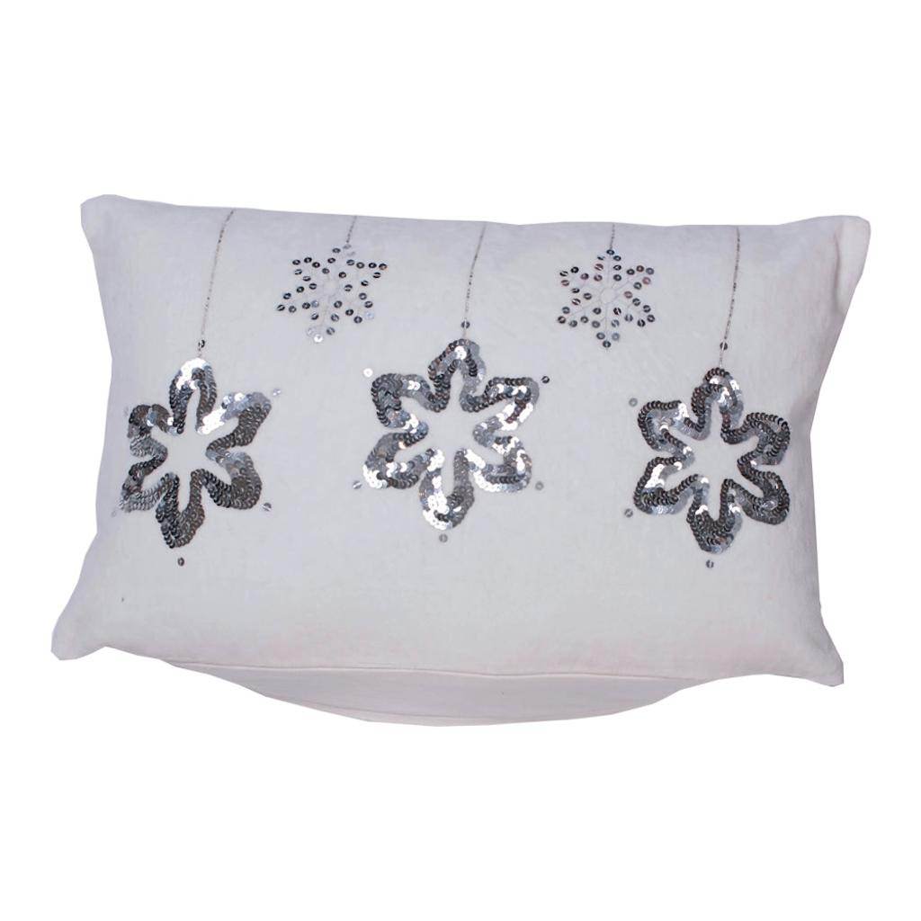 12" x 20"  White/Silver Cotton Velvet Embroidered Silver Snowflake Pillow 1