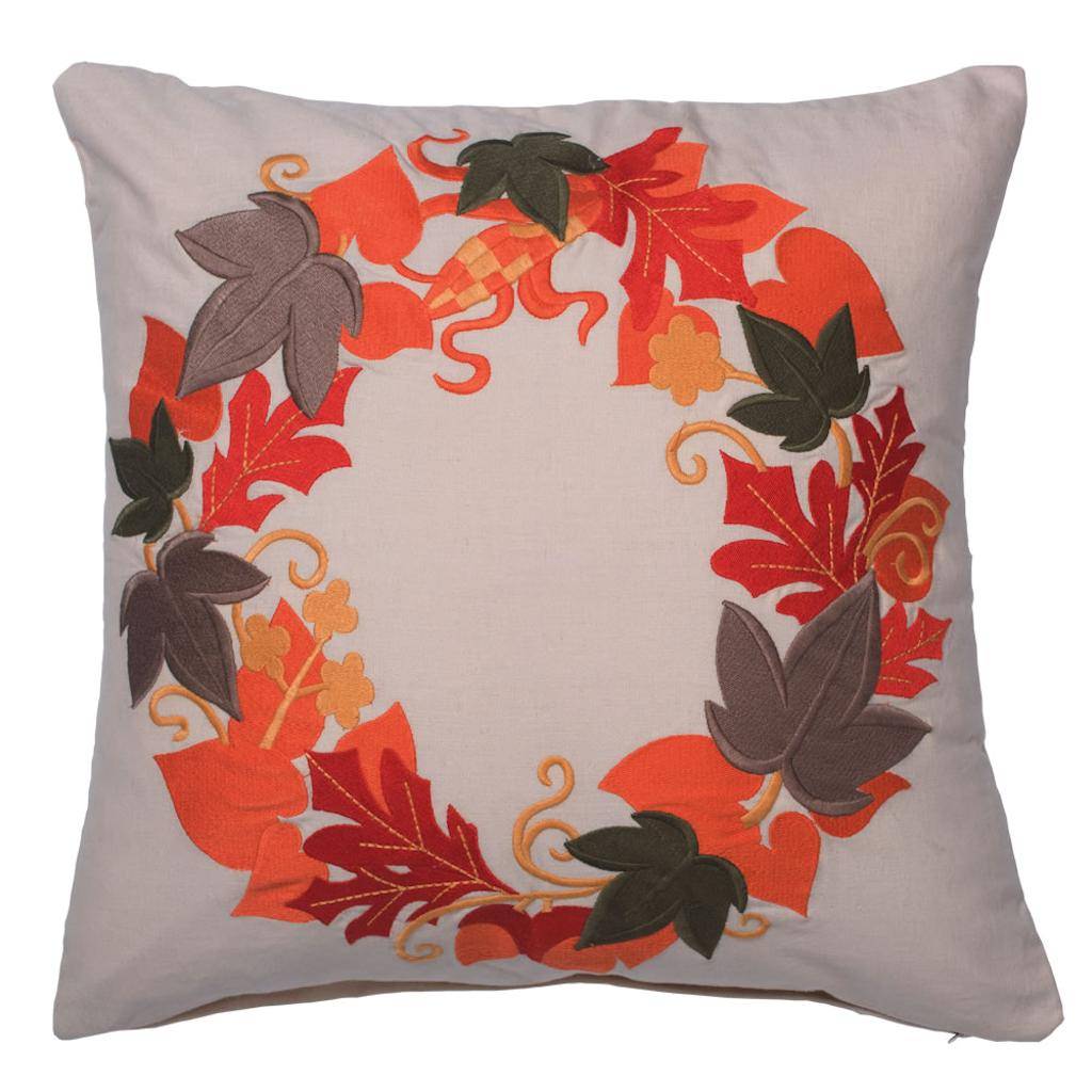 18" x 18"  Natural Cotton Embroidered Festive Fall Leaf Wreath Pillow 1