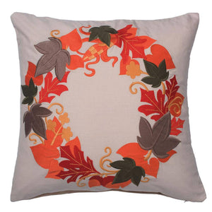 18" x 18"  Natural Cotton Embroidered Festive Fall Leaf Wreath Pillow 1
