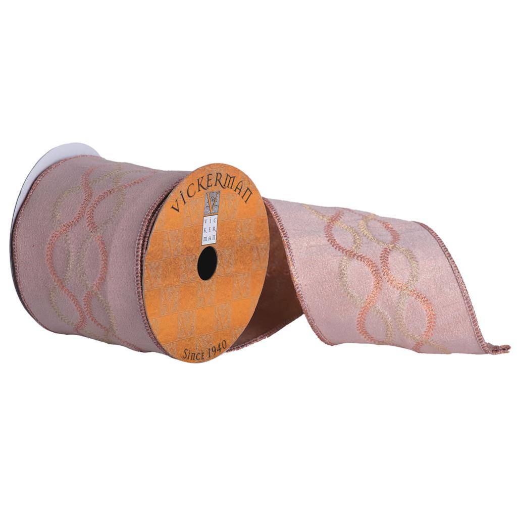 4" x 10yd Light Pink Ribbon With Orange And Lime Wave Stitch Center 1