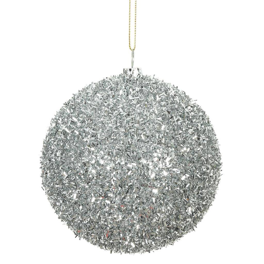 4" Silver Tinsel Ball Christmas Ornament (4 pack) 1