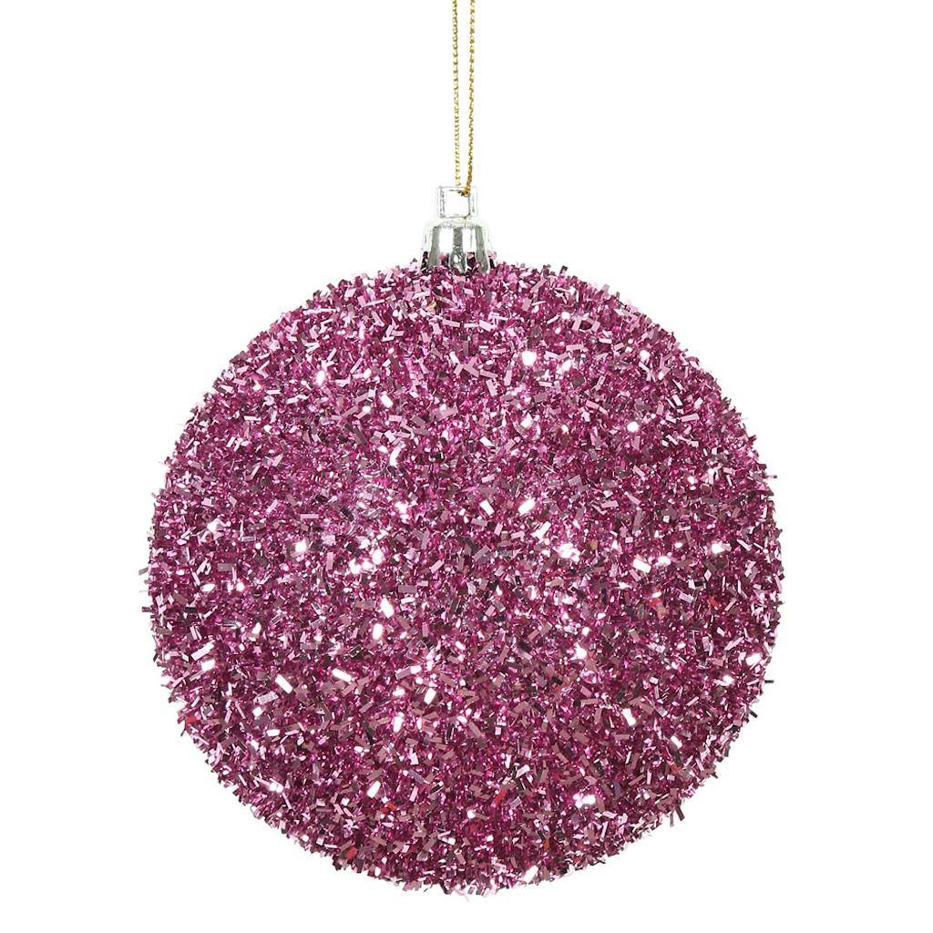 4" Pink Tinsel Ball Christmas Ornament (4 pack) 1