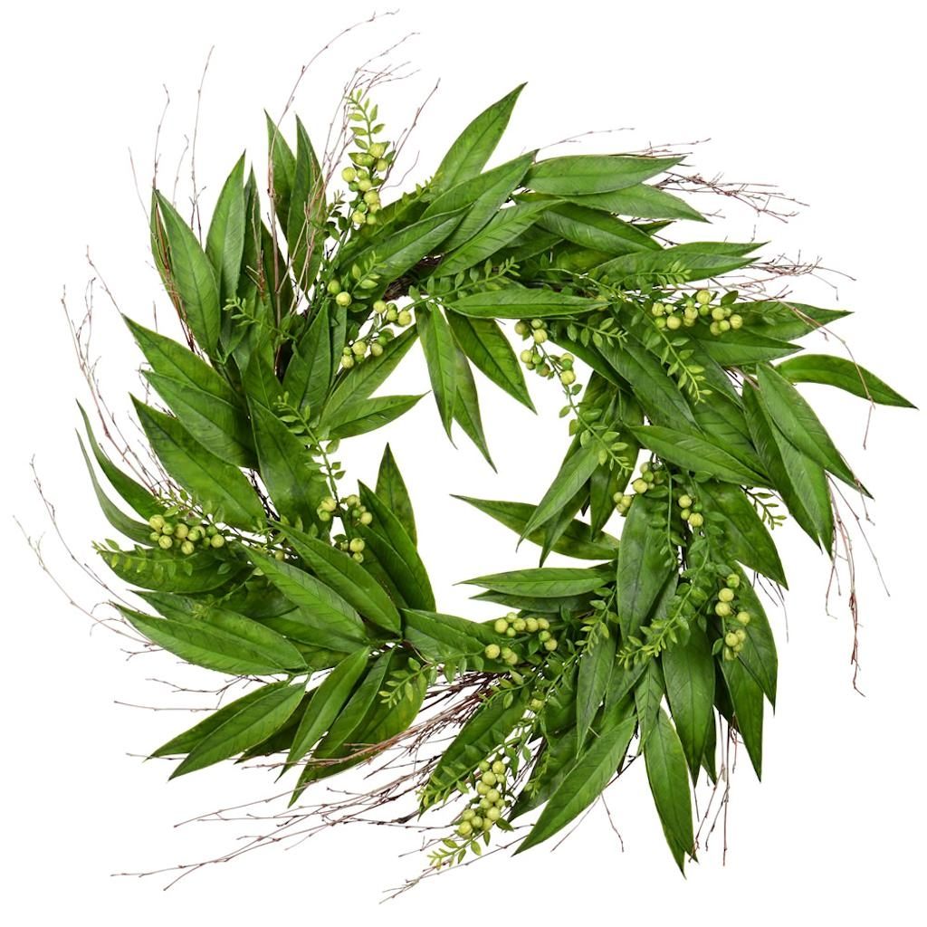 24" Artificial Green Willow White Berries Wreath 1