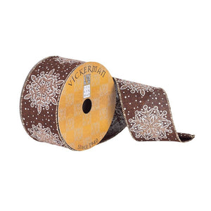 2.5" x 10Yd Chocolate Dupion White Snowflake Wired Ribbon 1