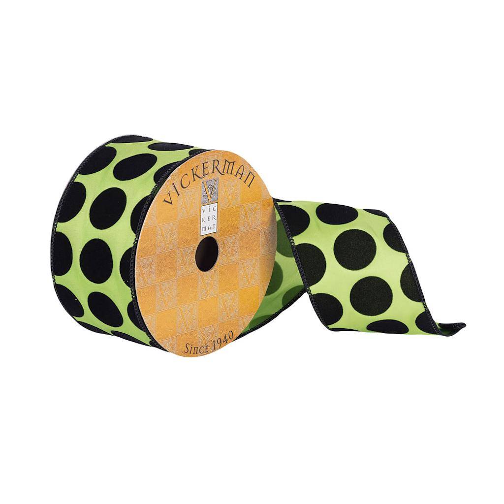 2.5" x 10Yd Green / Black Polka Dot Print Wired Ribbon 1