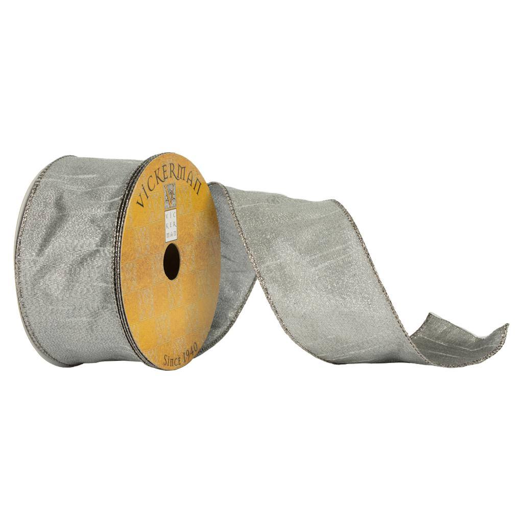 2.5" x 10Yd Silver Woven Dupion Ribbon 1