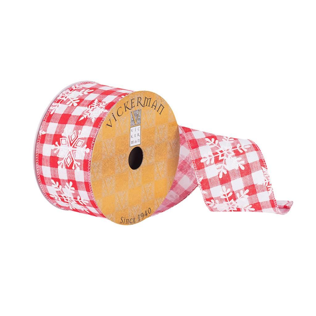 2.5" x 10Yd Red / White Plaid Glitter Snowflake Wired Ribbon 1