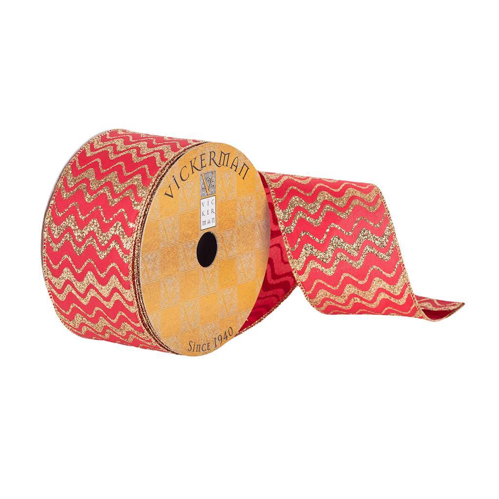 2.5" x 10Yd Red / Gold Dupion Glitter Waves Wired Ribbon 1