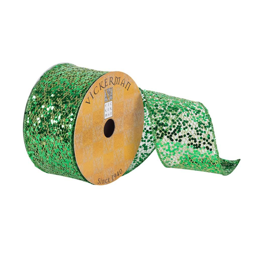 2.5" x 10Yd Green Sequin Woven Dupion Wired Ribbon 1