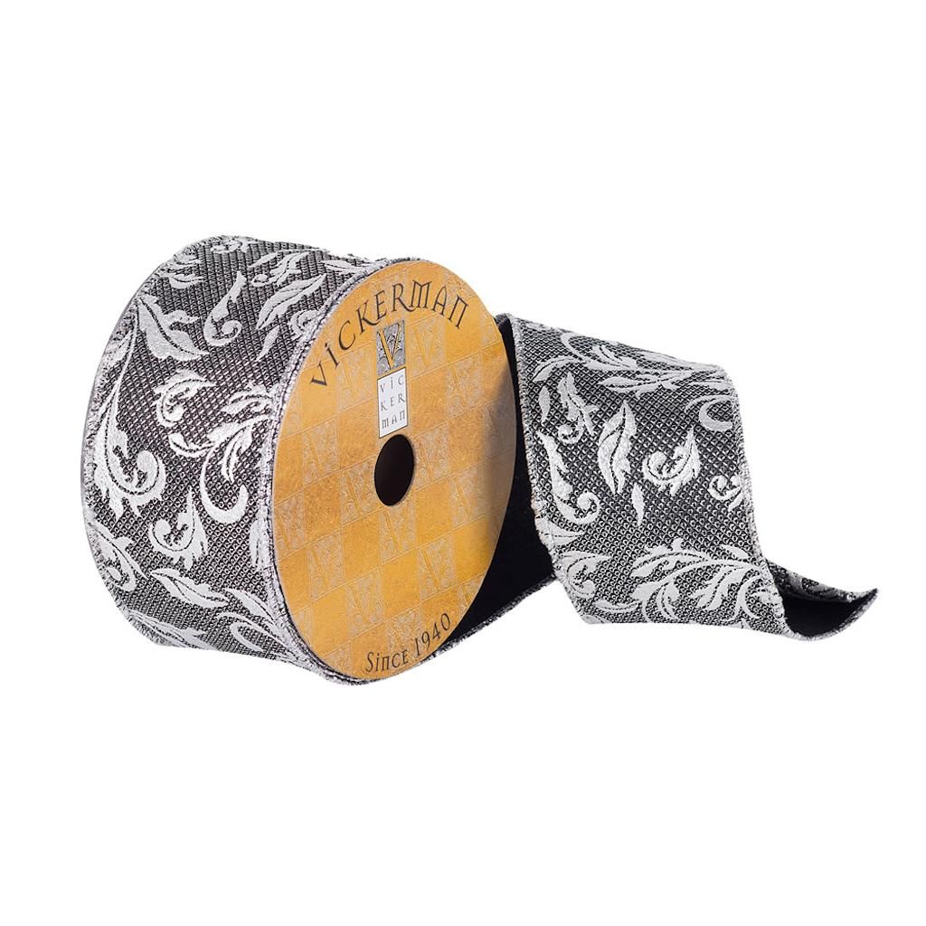 2.5" x 10Yd Black Divet Silver Filigree Ribbon 1