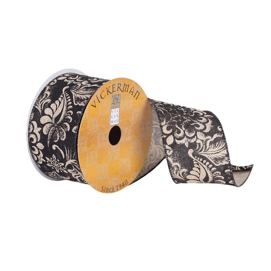 2.5" x 10Yd Black Dupion with Beige Filigree Ribbon 1