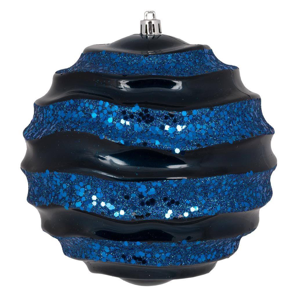 6" Midnight Blue Candy Glitter Wave Ball Ornament 1