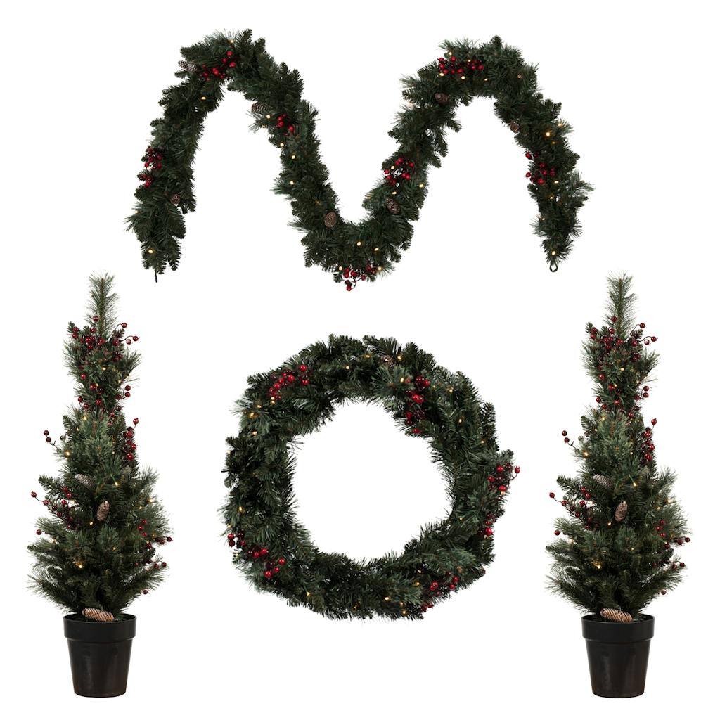 Artificial Lit Potted Christmas Tree, Lit Rectangle Wreath, Lit Garland Front Door Set (Set of 4) 1