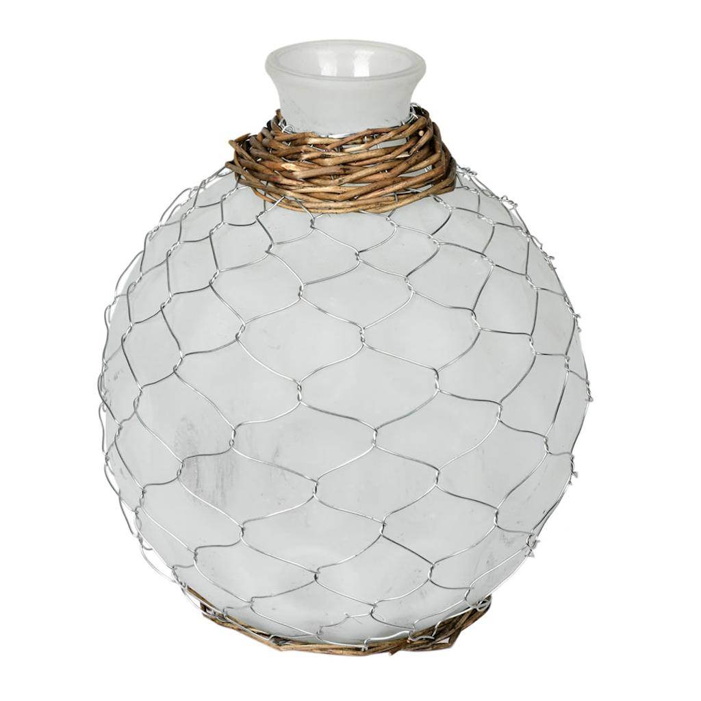 7.5" Frosted Glass Vase with Chicken Wire 1