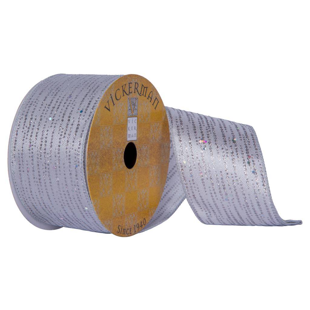 2.5"x30' Silver Sheen Glitter Lines Christmas Ribbon 1