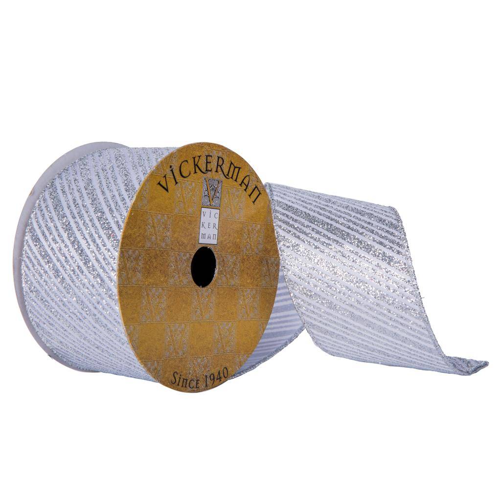 2.5"x30' Silver Glitter Diagonal Stripe Ribbon 1