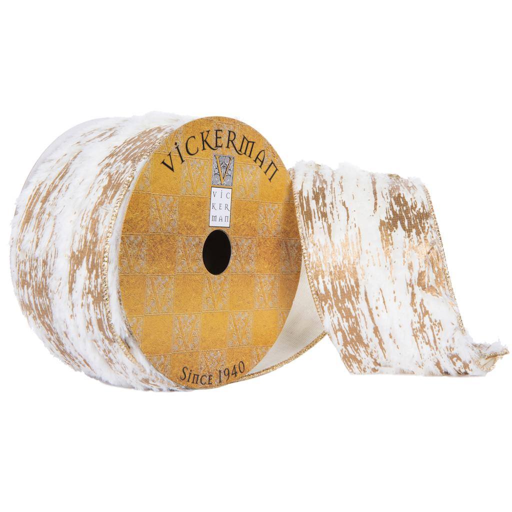 2.5"x30' Ivory Faux Fur Gold Encrusted Ribbon 1