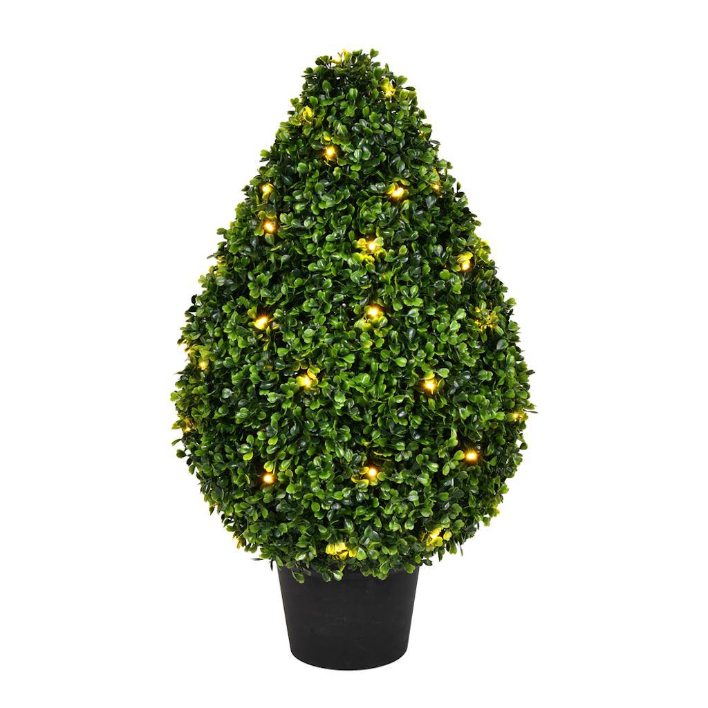 24" Artificial Boxwood Teardrop Topiary Potted in a Black Planters Pot 1