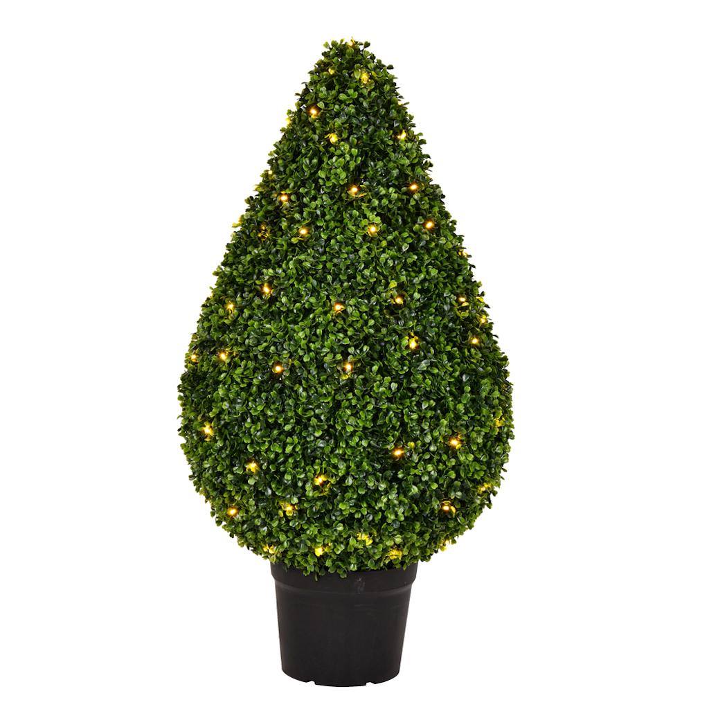 36" Artificial Boxwood Teardrop Topiary Potted in a Black Planters Pot 1