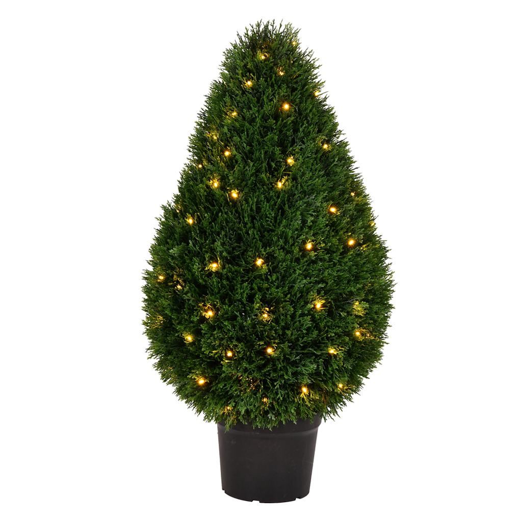 36" Artificial Cedar Teardrop Topiary Potted in a Black Planters Pot 1
