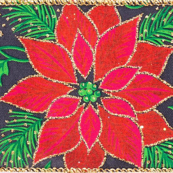 2.5" x 10Yd Navy/ Red Poinsettia Ribbon 2