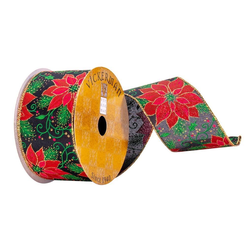2.5" x 10Yd Navy/ Red Poinsettia Ribbon 1