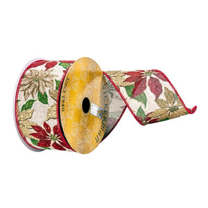 2.5" x 10Yd Beige/Red Poinsettia Ribbon 1