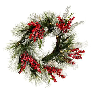 24" Artificial Frosted Hardneedle Red / Green Berries 35 Warm White LED Lights 2