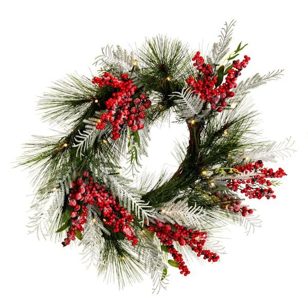 24" Artificial Frosted Hardneedle Red / Green Berries 35 Warm White LED Lights 2