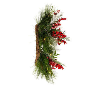 24" Artificial Frosted Hardneedle Red / Green Berries 35 Warm White LED Lights 3