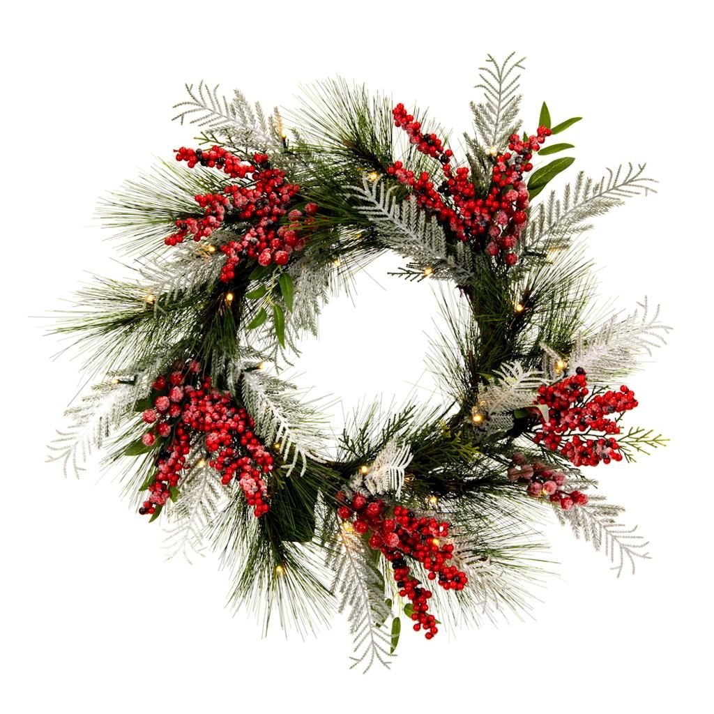 24" Artificial Frosted Hardneedle Red / Green Berries 35 Warm White LED Lights 1