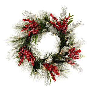 24" Artificial Frosted Hardneedle Red / Green Berries 35 Warm White LED Lights 1