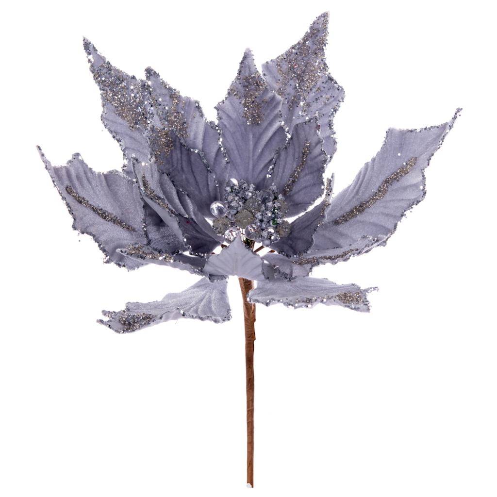 14" Silver Double Velvet Poinsettia Pick 1