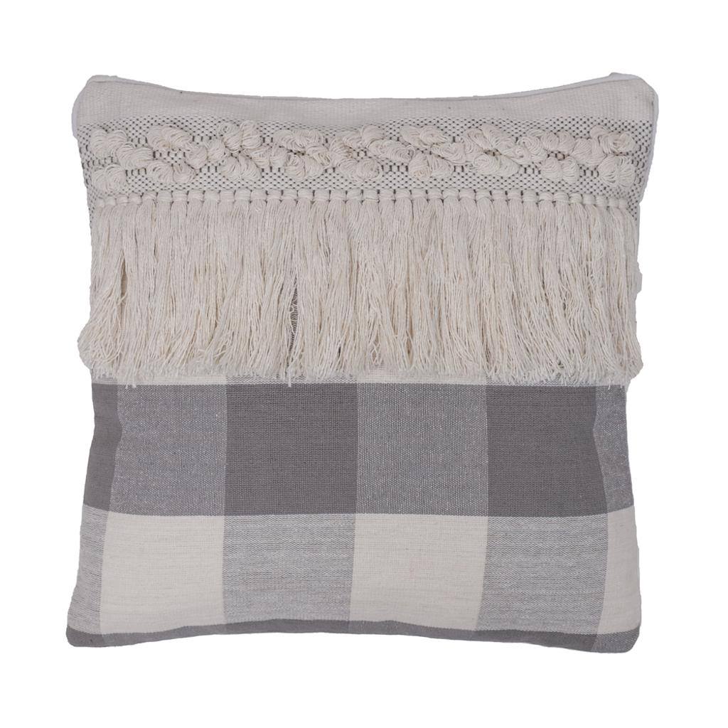 18"x18" Grey Plaid Fringe Cotton Pillow 1