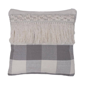 18"x18" Grey Plaid Fringe Cotton Pillow 1