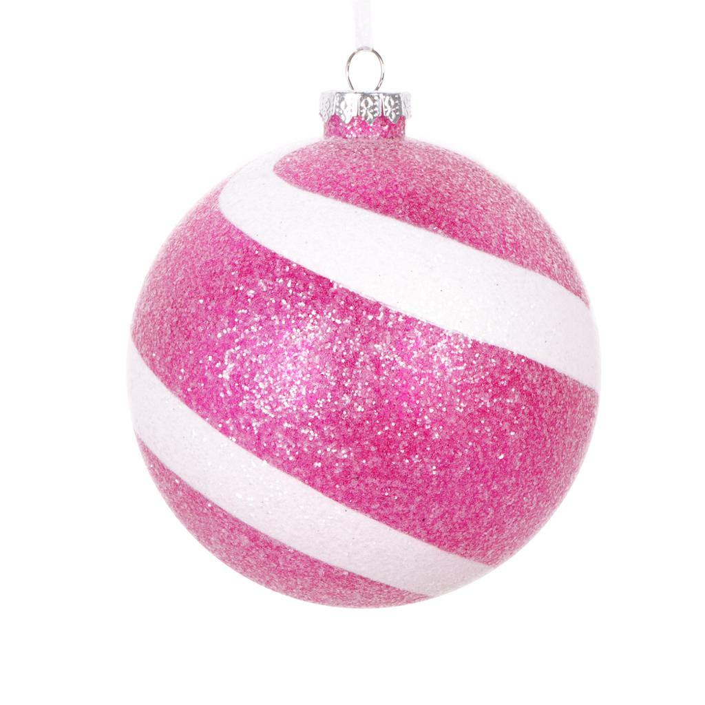 4.75" Fuchsia / White Plastic Sugar Glitter Swirl Ball Ornament (3 pack) 1