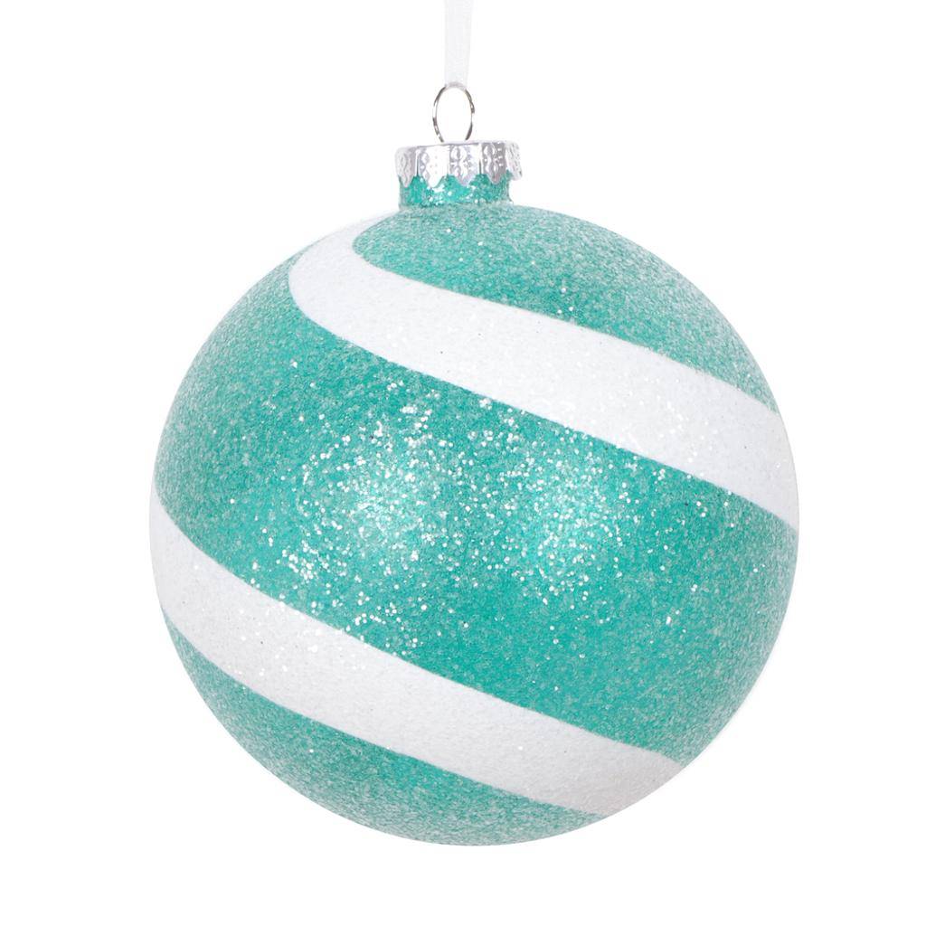 4.75" Teal / White Plastic Sugar Glitter Swirl Ball Ornament (3 pack) 1