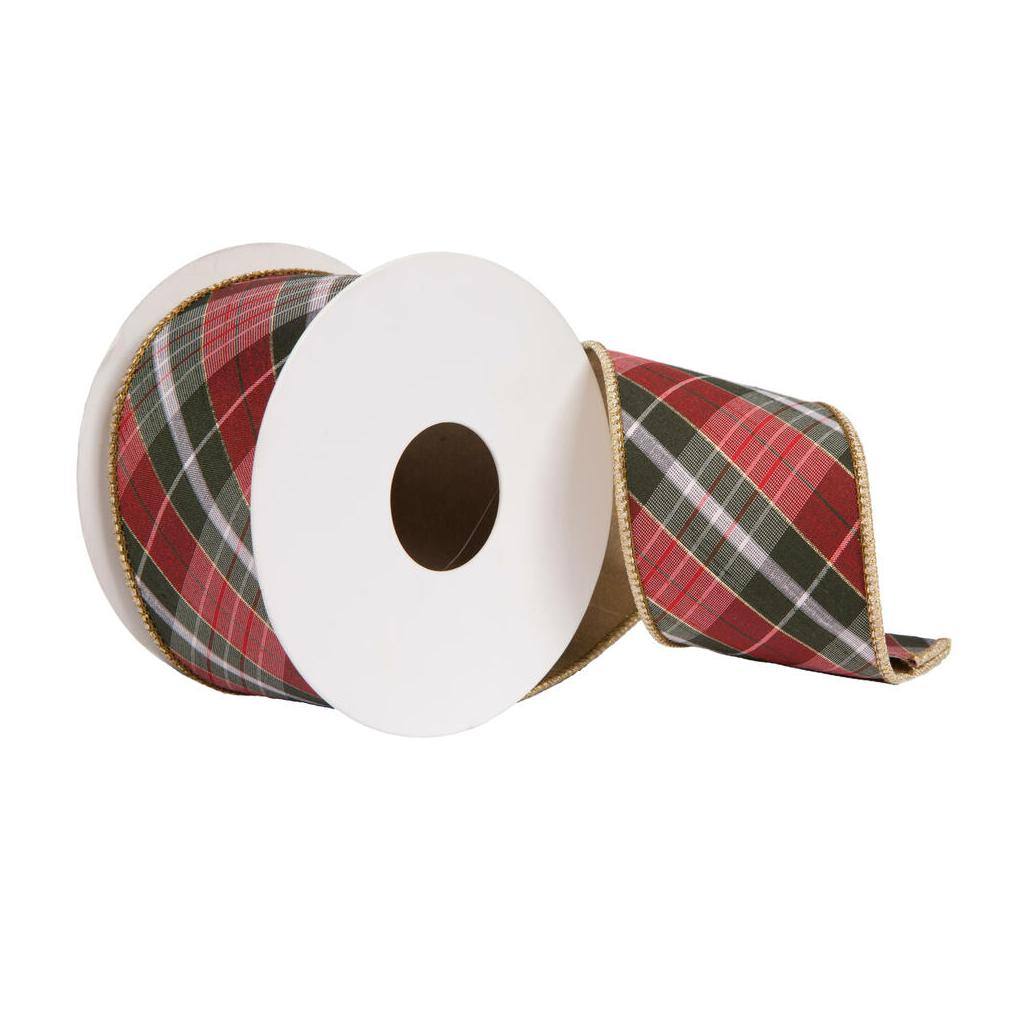 2.5"x15' Grey / Red / Gold Plaid Ribbon 1