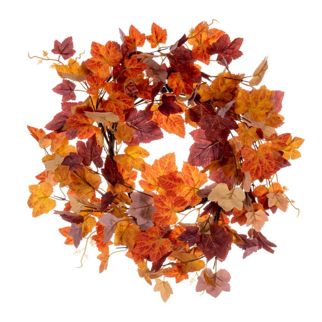 16" Artificial Orange Fall Maple Leaf Unlit Wreath Candle Ring 1