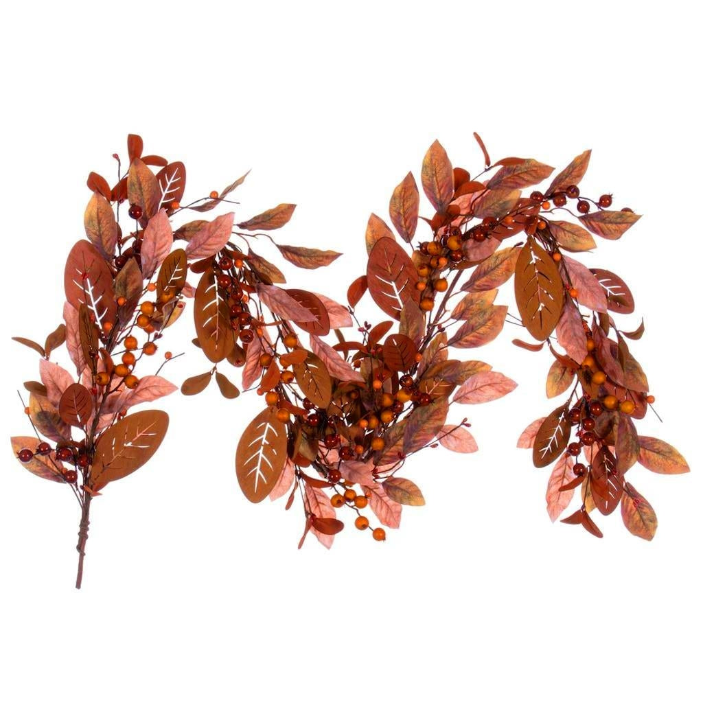 5' Artificial Light Brown Fall Berry and Wood Leaf Garland Unlit 1