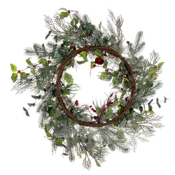 24" Artificial Green Holly Pine and Red Jingle Bells Wreath 4