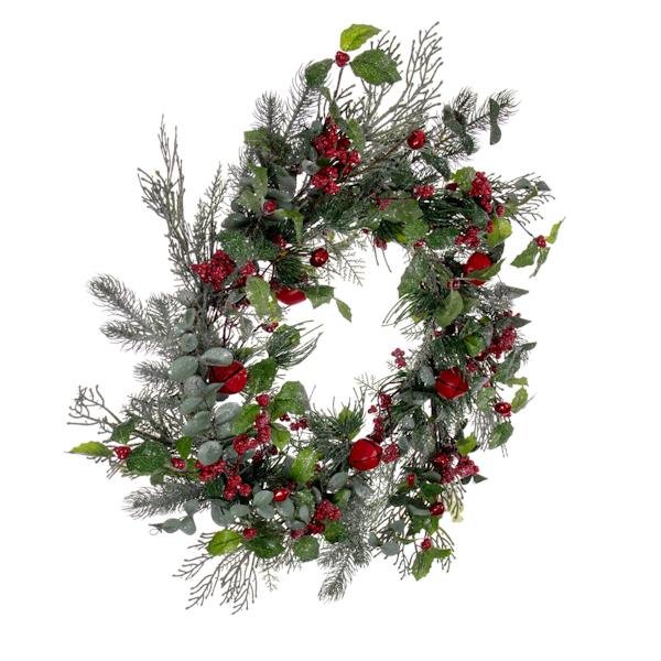 24" Artificial Green Holly Pine and Red Jingle Bells Wreath 5
