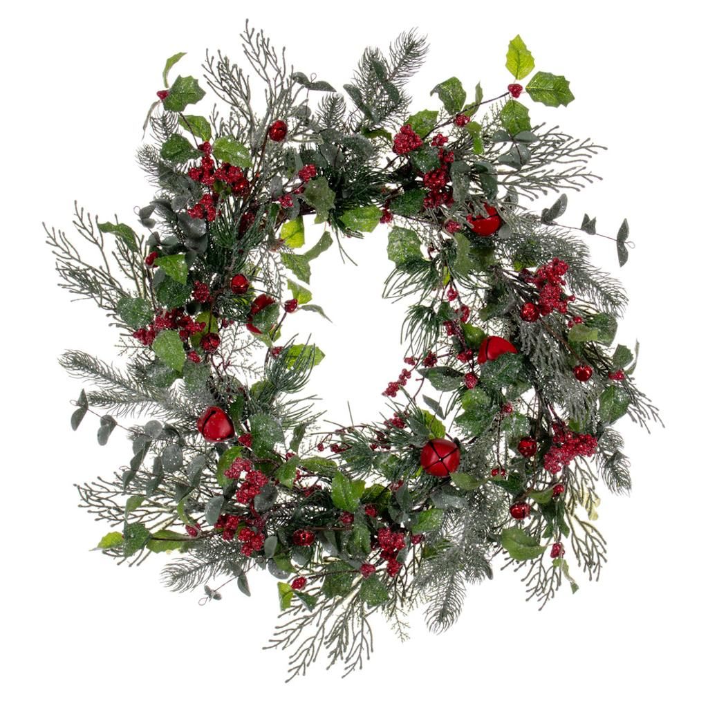 24" Artificial Green Holly Pine and Red Jingle Bells Wreath 1