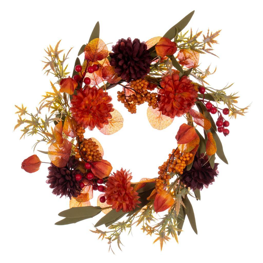 14" Artificial Orange / Burgundy Mixed Mum, Chinese Lantern and Berries Unlit Wreath Candle Ring 1
