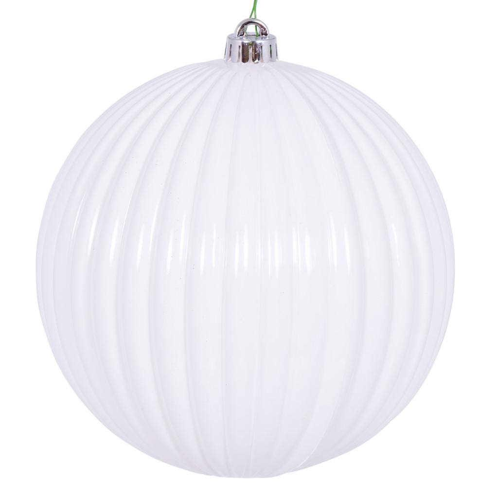 8" White Shiny Lined Ball Ornament 1