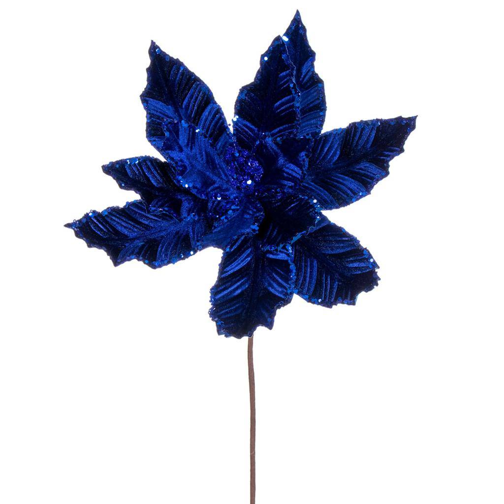 24" Blue Poinsettia Sequin Trim Velvet Spray (3 Pack) 1