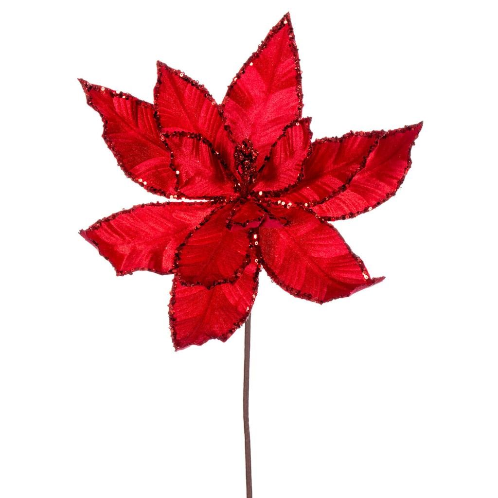 24" Red Poinsettia Sequin Trim Velvet Spray (3 Pack) 1