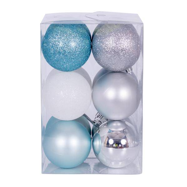 3" Silver / Baby Blue Ball Ornament Assortment (12 Pack) 3