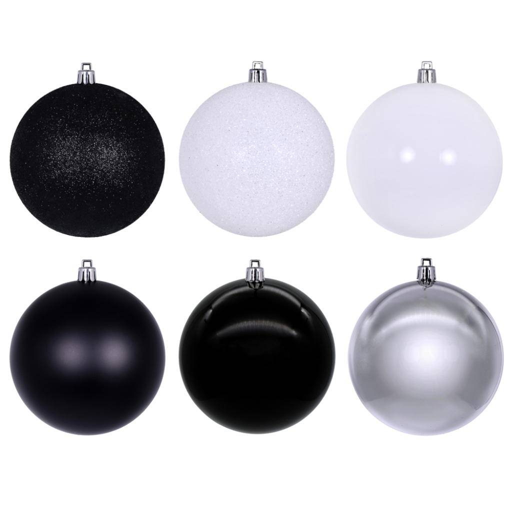 4" Black / White / Silver Ball Ornament Assortment (18 Pack) 1
